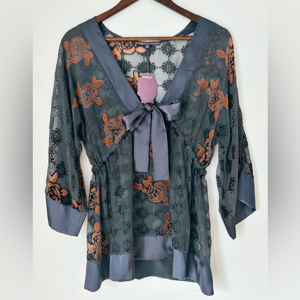 Hale Bob Gold & Craft Burnout Velvet Floral Tie-Front Tunic Top Boho Chic L